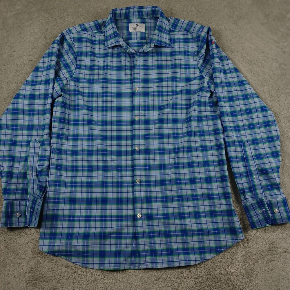 Mizzen Main Shirt Mens XL Blue Plaid Trim Fit Modern Preppy Button‎ Up